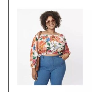 Unique Vintage Plus Size Ivory & Orange Floral Print Sweet Stuff Crop Top - 3X